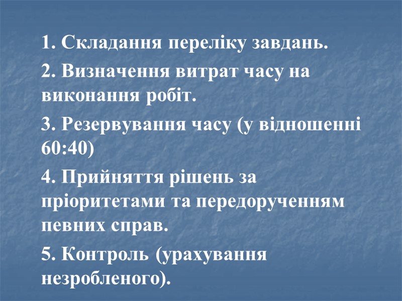 1. Складання переліку завдань. 2. Визначення витрат часу на виконання робіт. 3. Резервування часу